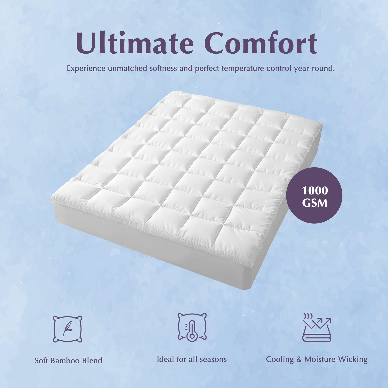 Mattress Toppers: Hypoallergenic, Antibacterial w/ 100% Microfiber filling Mattress Topper - QUEEN