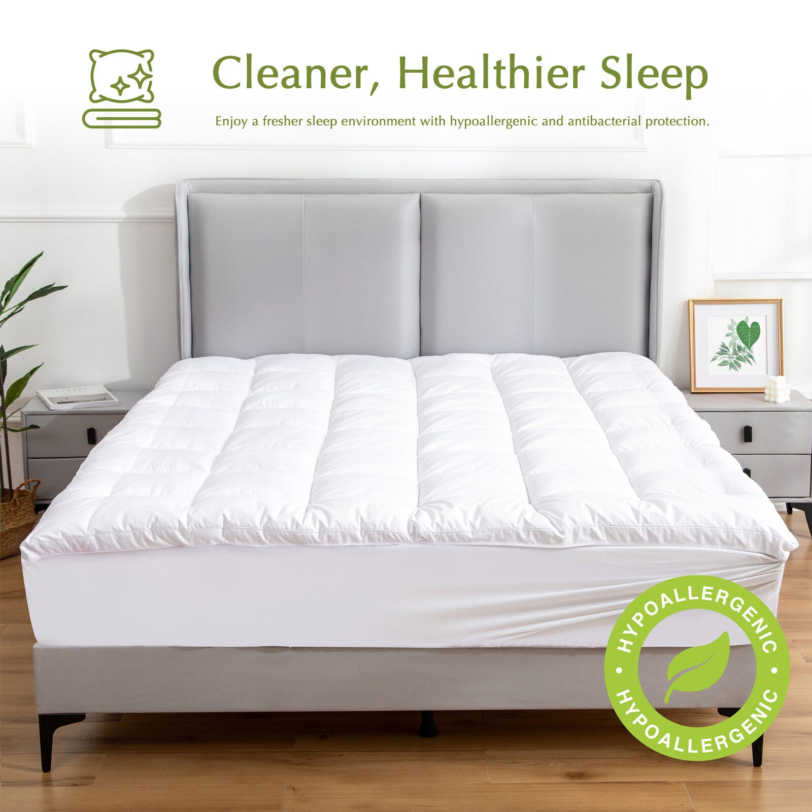 Mattress Toppers: Hypoallergenic, Antibacterial w/ 100% Microfiber filling Mattress Topper - QUEEN