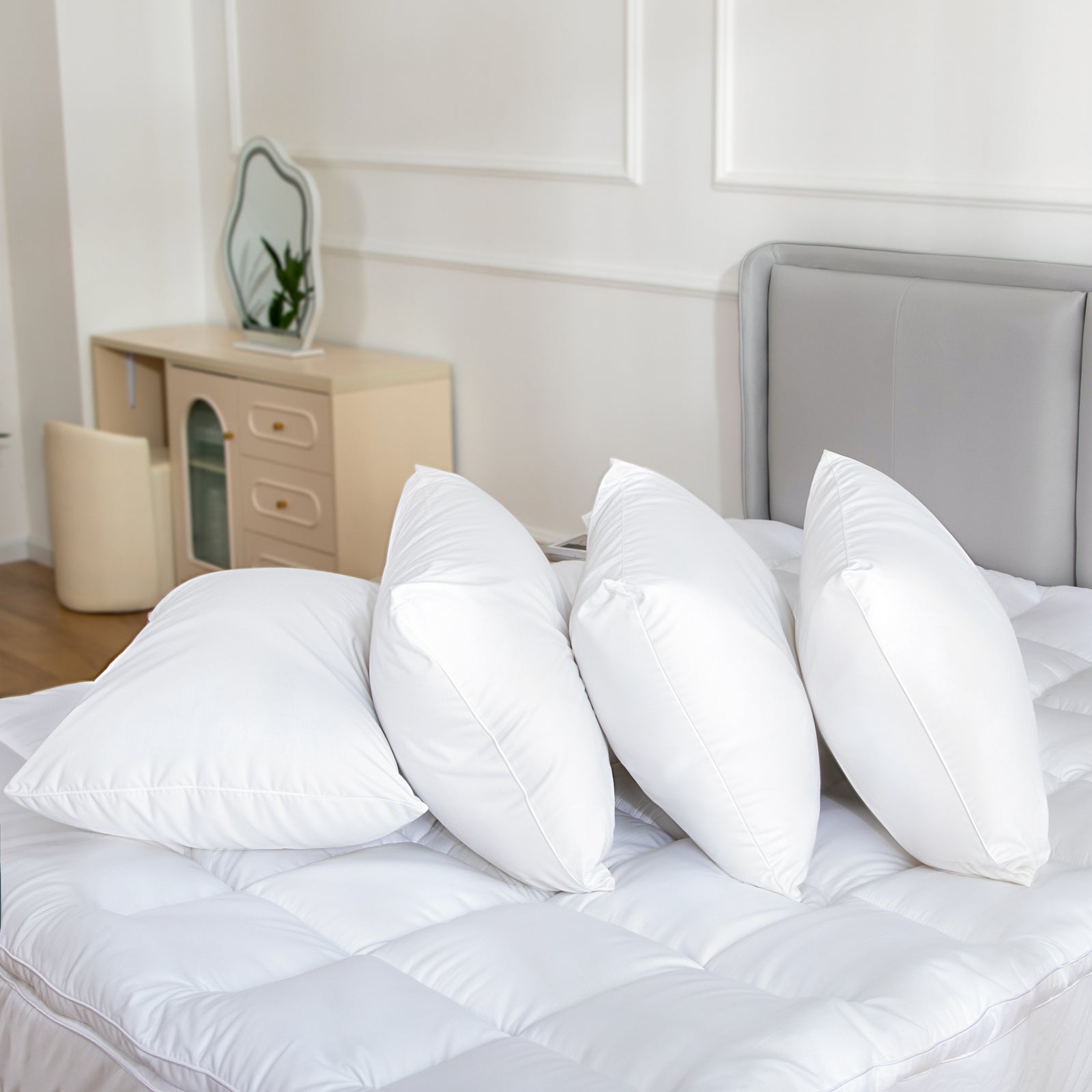 Pillows: 100 Percent Cotton Pillow Cover with 800g Poly Fill,  Hypoallergenic, Antibacterial, and Cooling Technology  4 PK