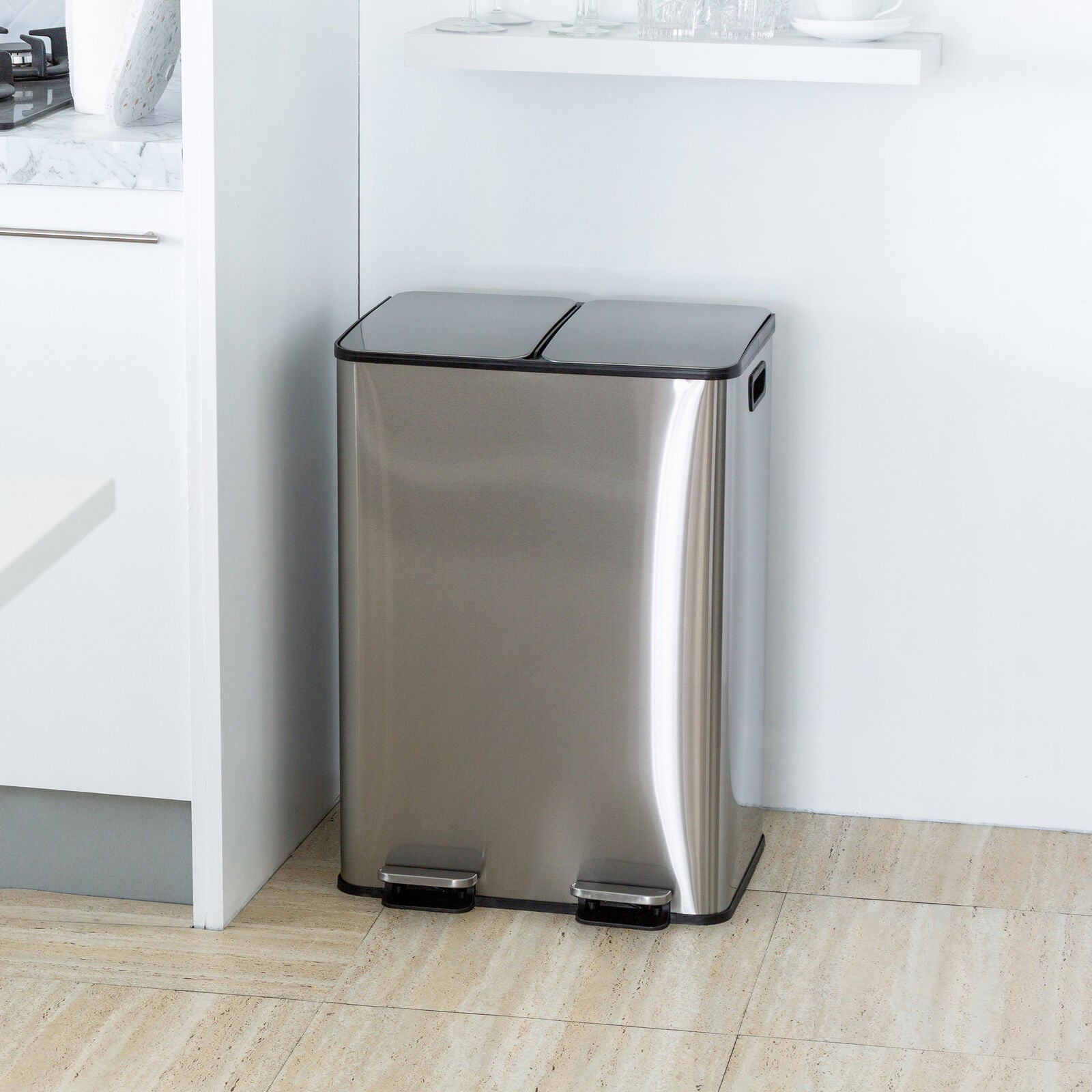 Automatic Bins: Stainless Steel Dual Compartment (30L each Section) Pedal Operation Rubbish Bin