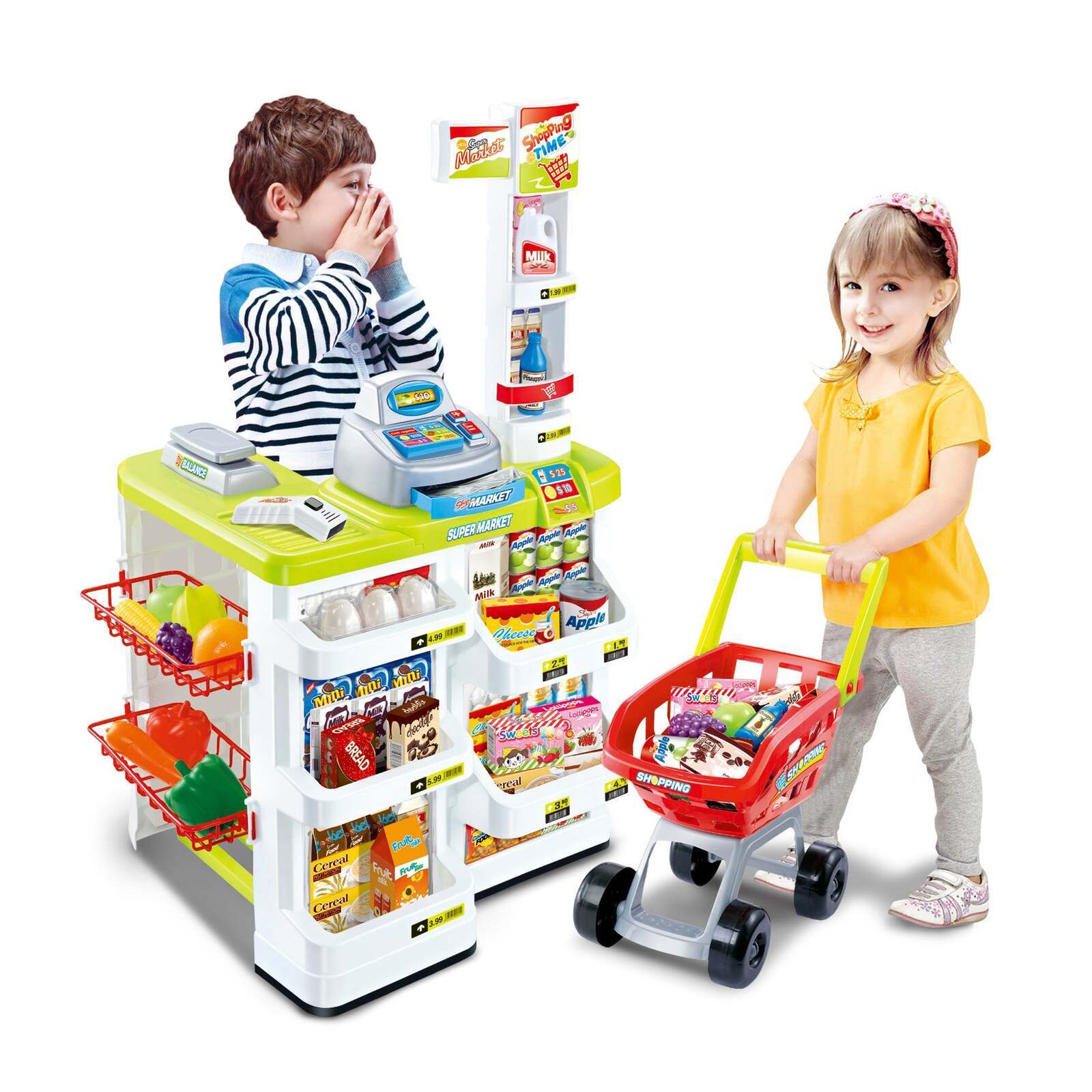 Pretend Play: Children's Home Supermarket w/ Toy Cash Register, Trolly, Fruit & More
