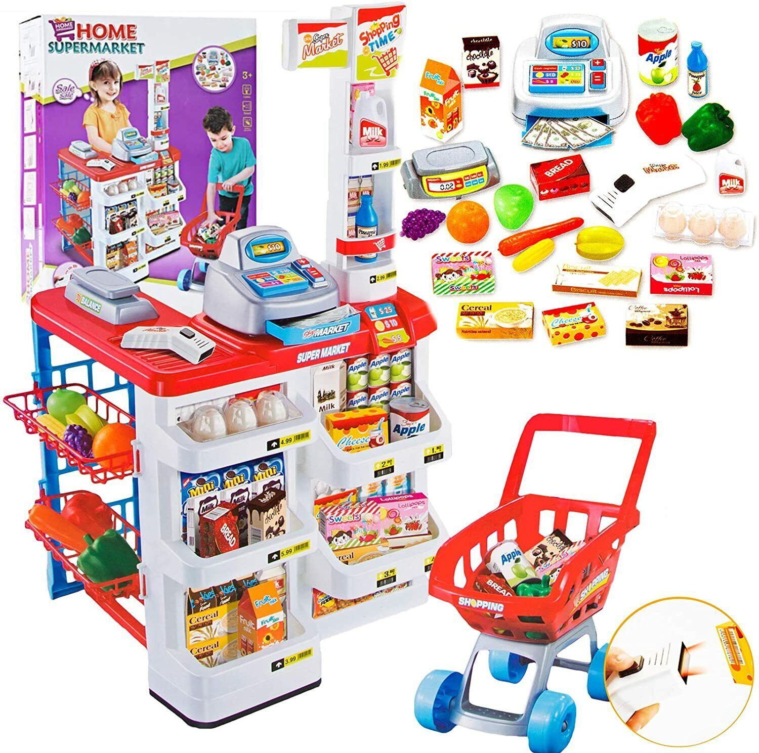Pretend Play: Children's Home Supermarket w/ Toy Cash Register, Trolly, Fruit & More