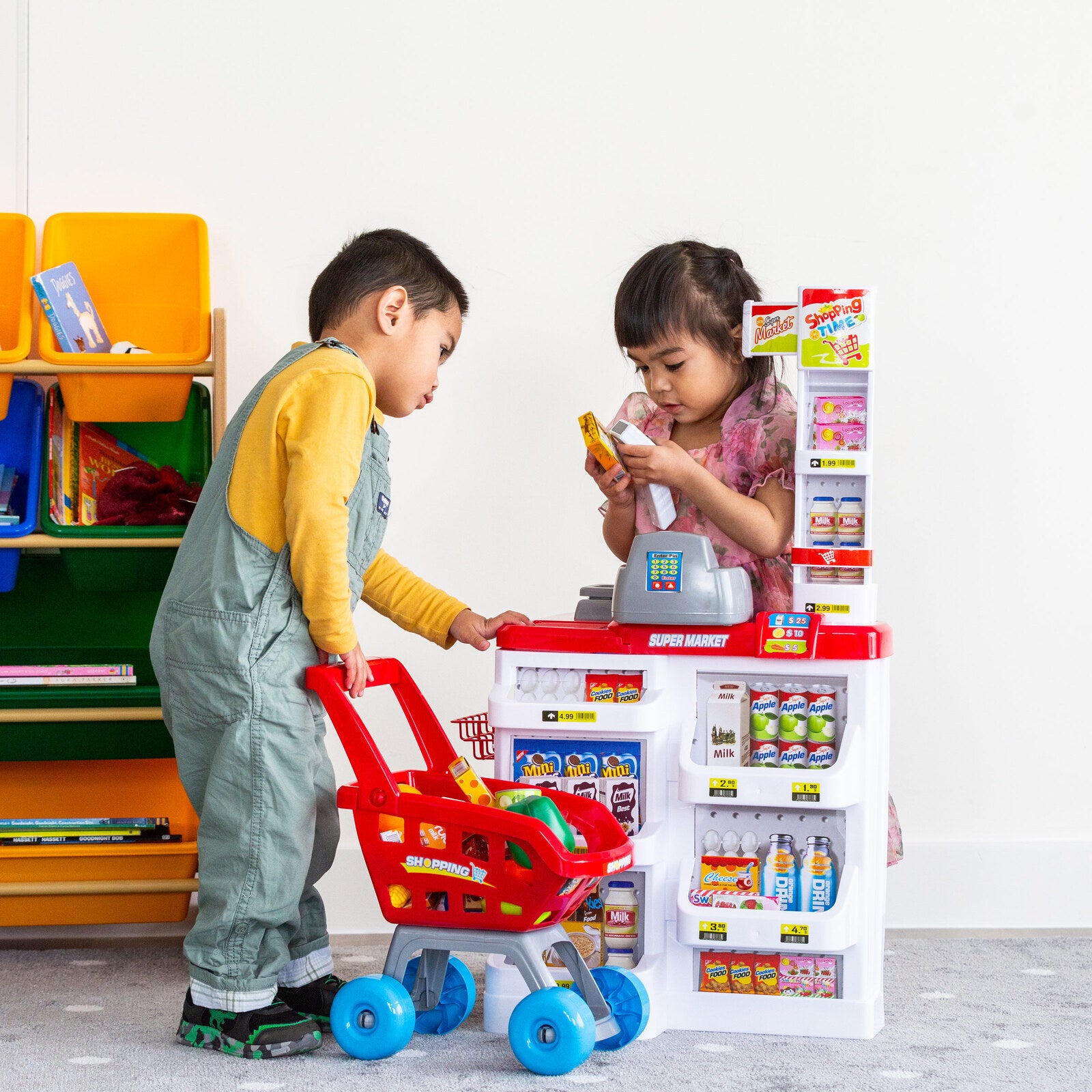 Pretend Play: Children's Home Supermarket w/ Toy Cash Register, Trolly, Fruit & More