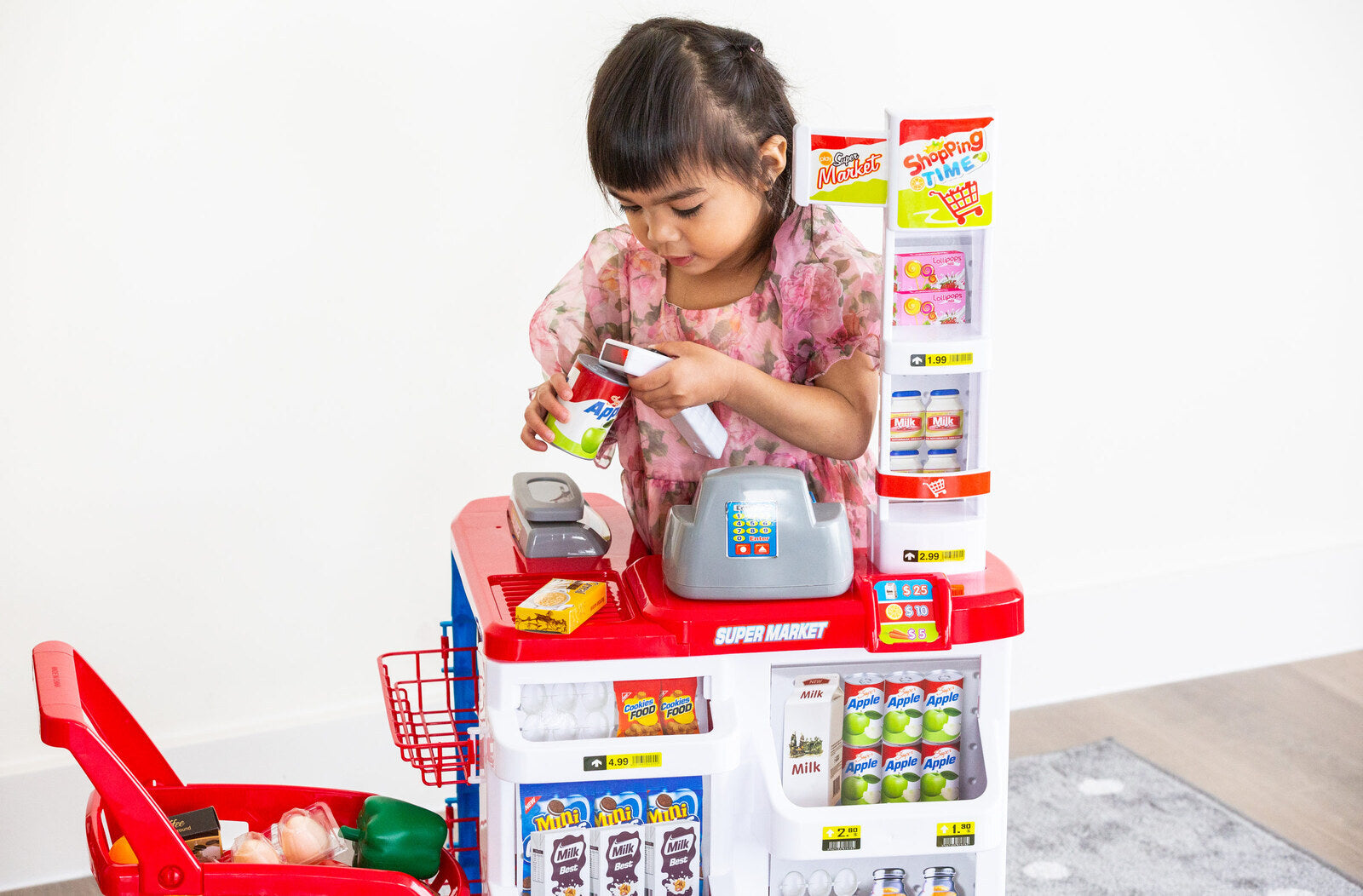 Pretend Play: Children's Home Supermarket w/ Toy Cash Register, Trolly, Fruit & More