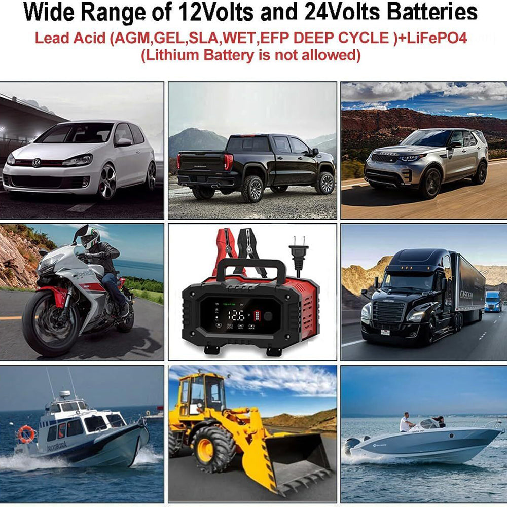 Powerboards & Adapters: 12V 20A/24V 10A Smart Car Battery Charger for Lead Acid LiFePo4 AGM Moto Battery