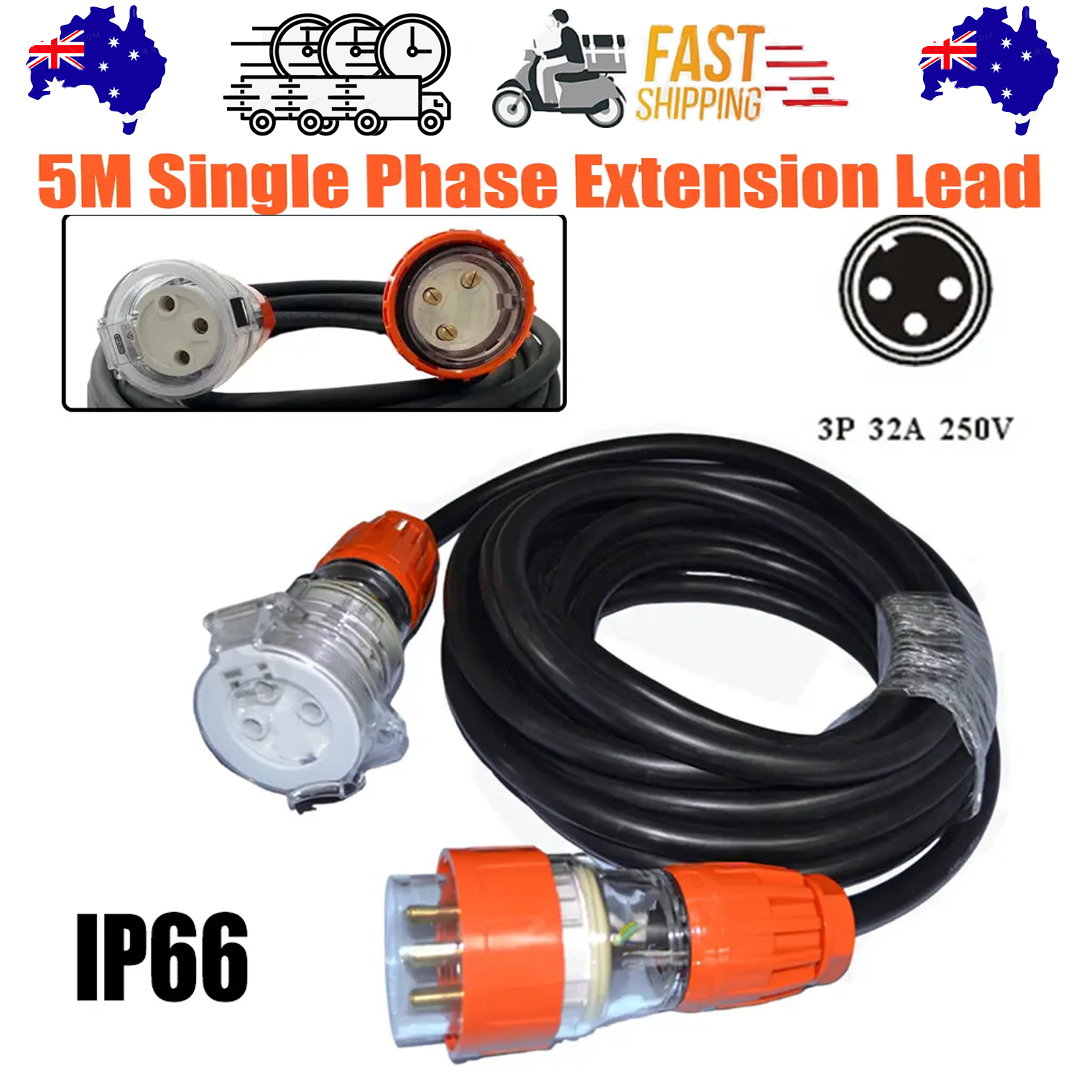 Powerboards & Adapters: 32 Amp 5m 3 Pin Extension Lead Single Phase 250V Rubber Cable Male/Female Plug