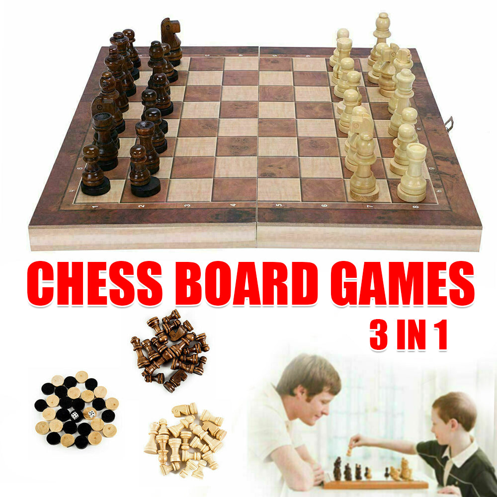 Board Games: 3 IN 1 Wooden Chess Set Folding Chessboard Wood Pieces Draughts Backgammon Toy