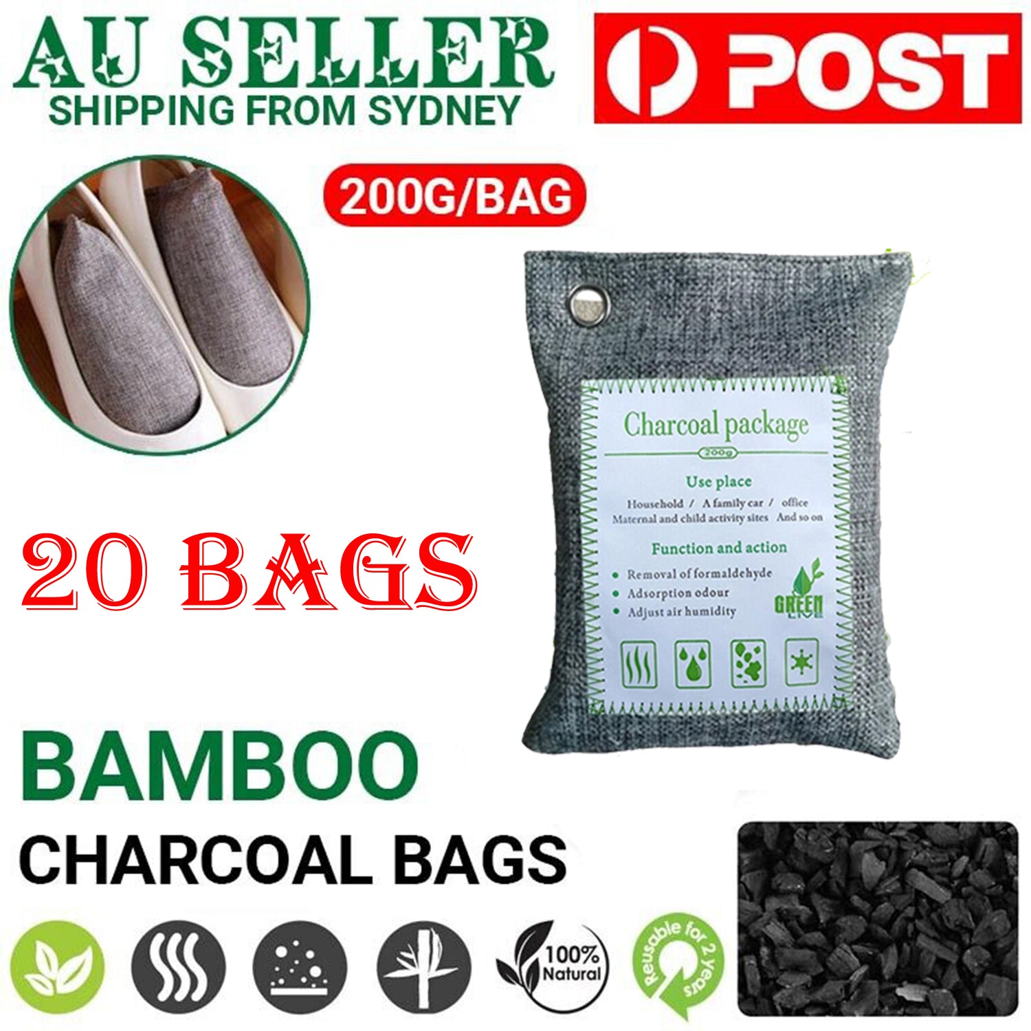 Deodorants & Anti-Perspirants: 20PCS Air Purifying Bags Activated Bamboo Charcoal Freshener for Car Home Shoes 200g