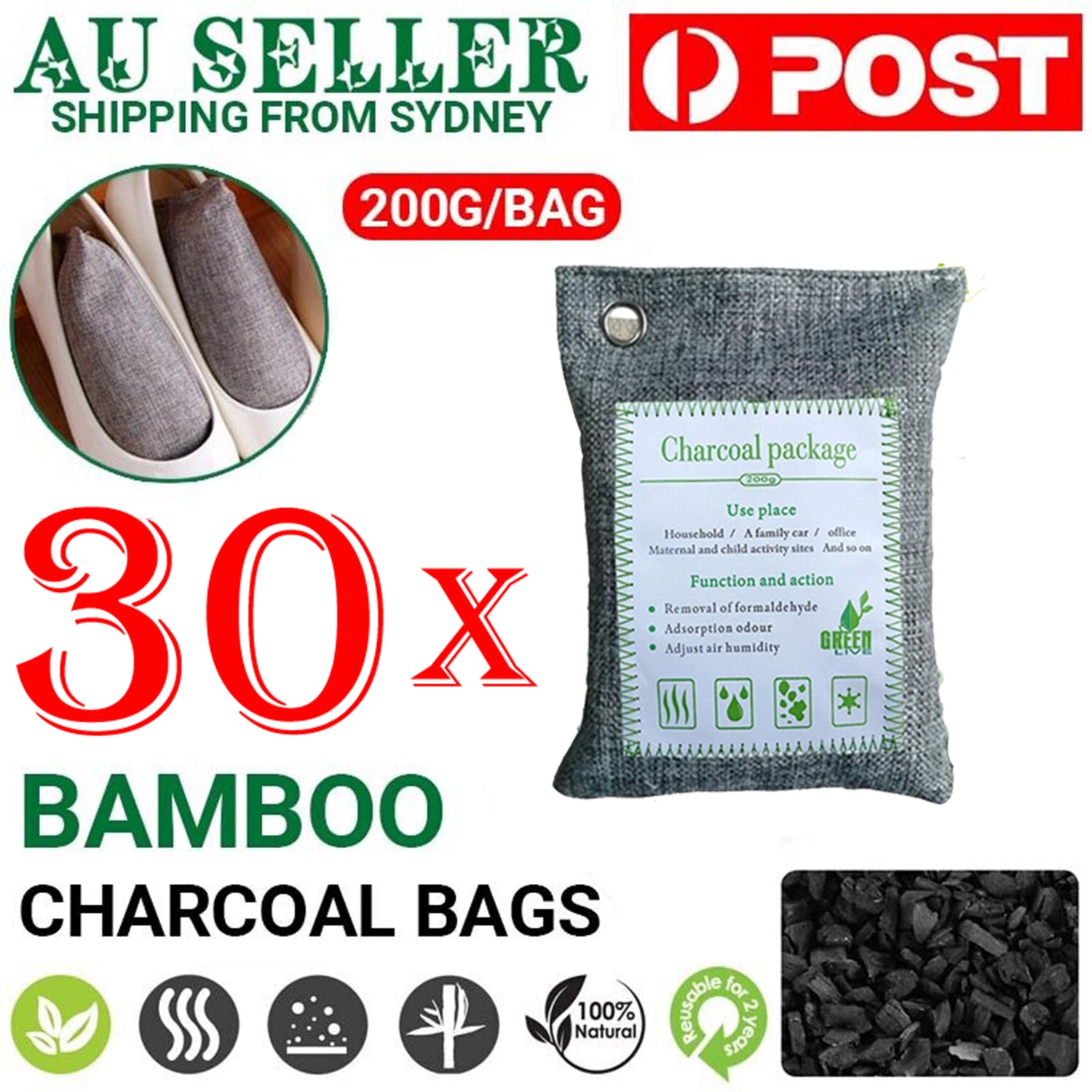 Deodorants & Anti-Perspirants: 30PCS Air Purifying Bags Activated Bamboo Charcoal Freshener for Car Home Shoes 200g