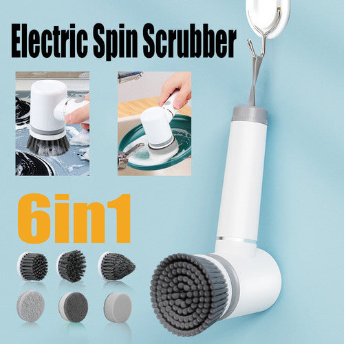 Laundry Cleaning Supplies: 6in1 Electric Spin Scrubber Cordless Rechargeable Cleaning Brush with 6 Head Kit