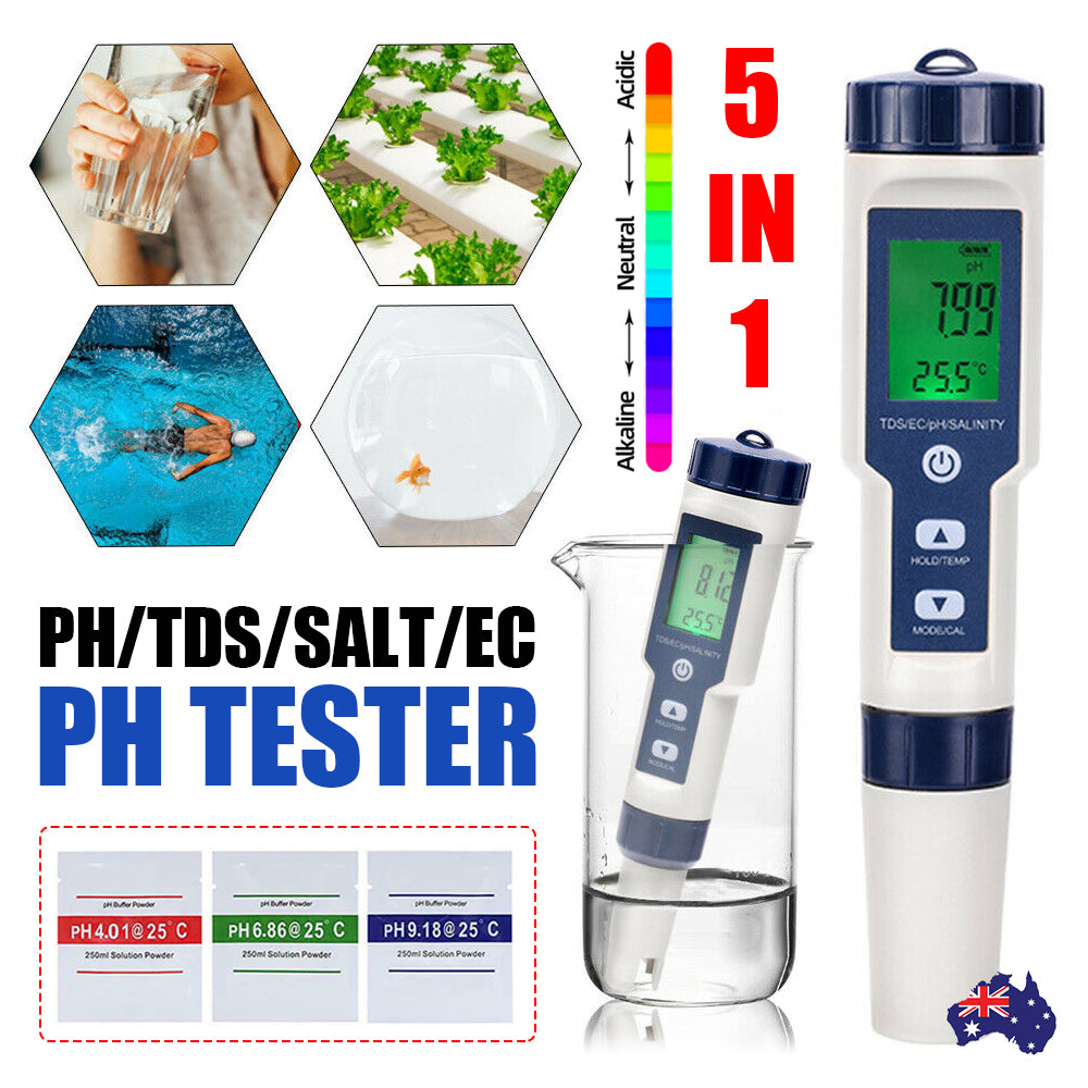Camping Appliances: 5-IN-1 Digital Water Quality Tester Waterproof pH TDS EC Temperature Meter Pool