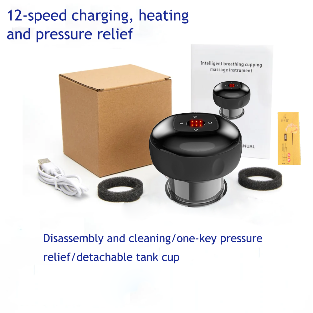 Massagers: 12 levels Electric Cupping Therapy Smart Scraping Massager Red Light Heating Body Slimming Black
