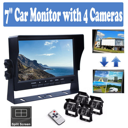 Wireless 4-Channel Split 7" Screen Monitor w/4 Reversing Camera Kit for Truck Trailer Bus