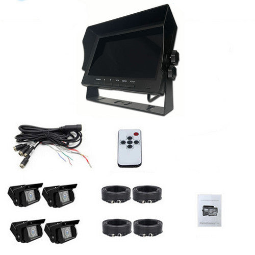 Wireless 4-Channel Split 7" Screen Monitor w/4 Reversing Camera Kit for Truck Trailer Bus