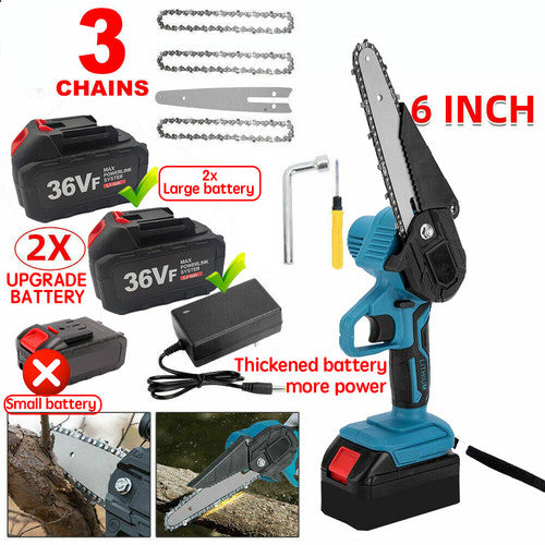 6" Mini Cordless Electric Chainsaw Powered Wood Cutter Rechargeable&2X Battery