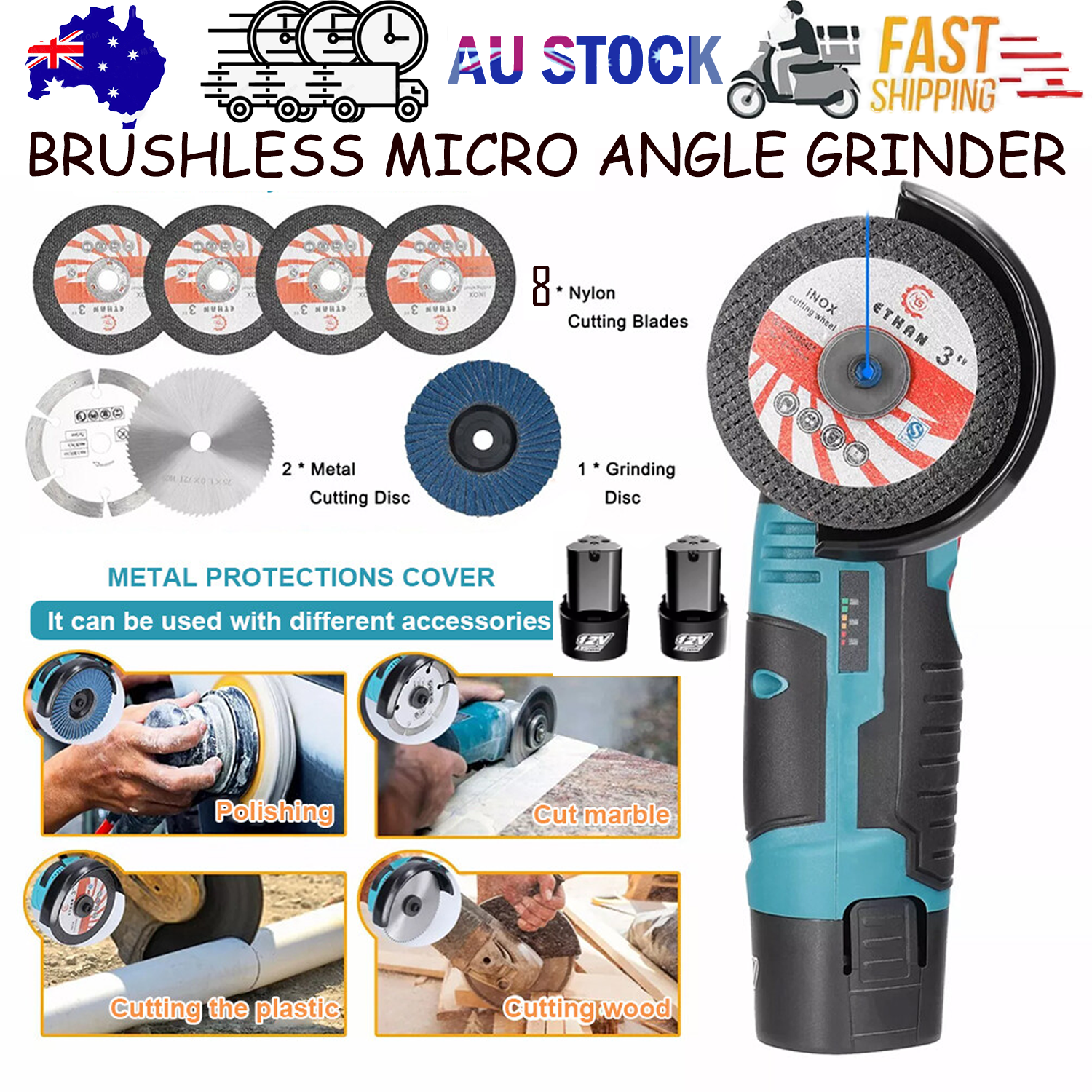 Sanding Accessories: 800W Mini Cordless Brushless Angle Grinder Cutting Tool W/ 2x Battery & Charger