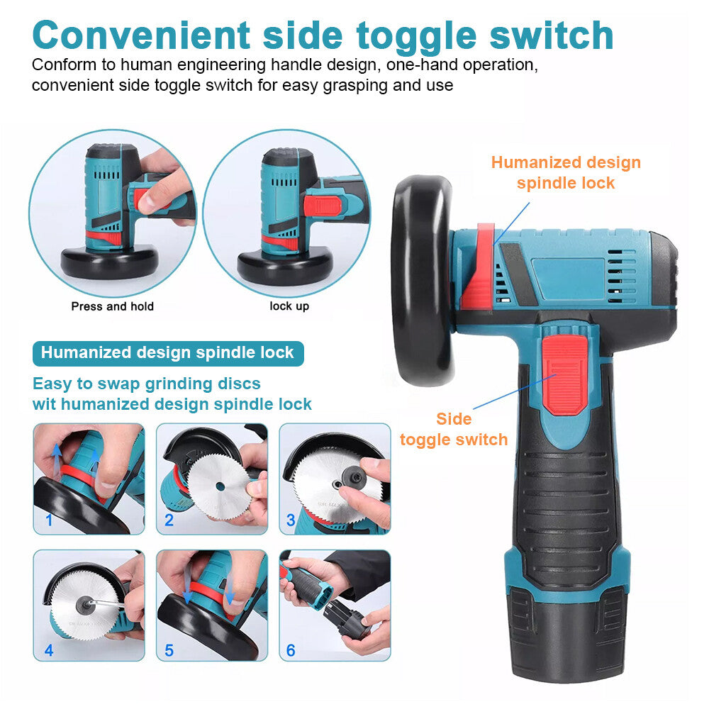 Sanding Accessories: 800W Mini Cordless Brushless Angle Grinder Cutting Tool W/ 2x Battery & Charger