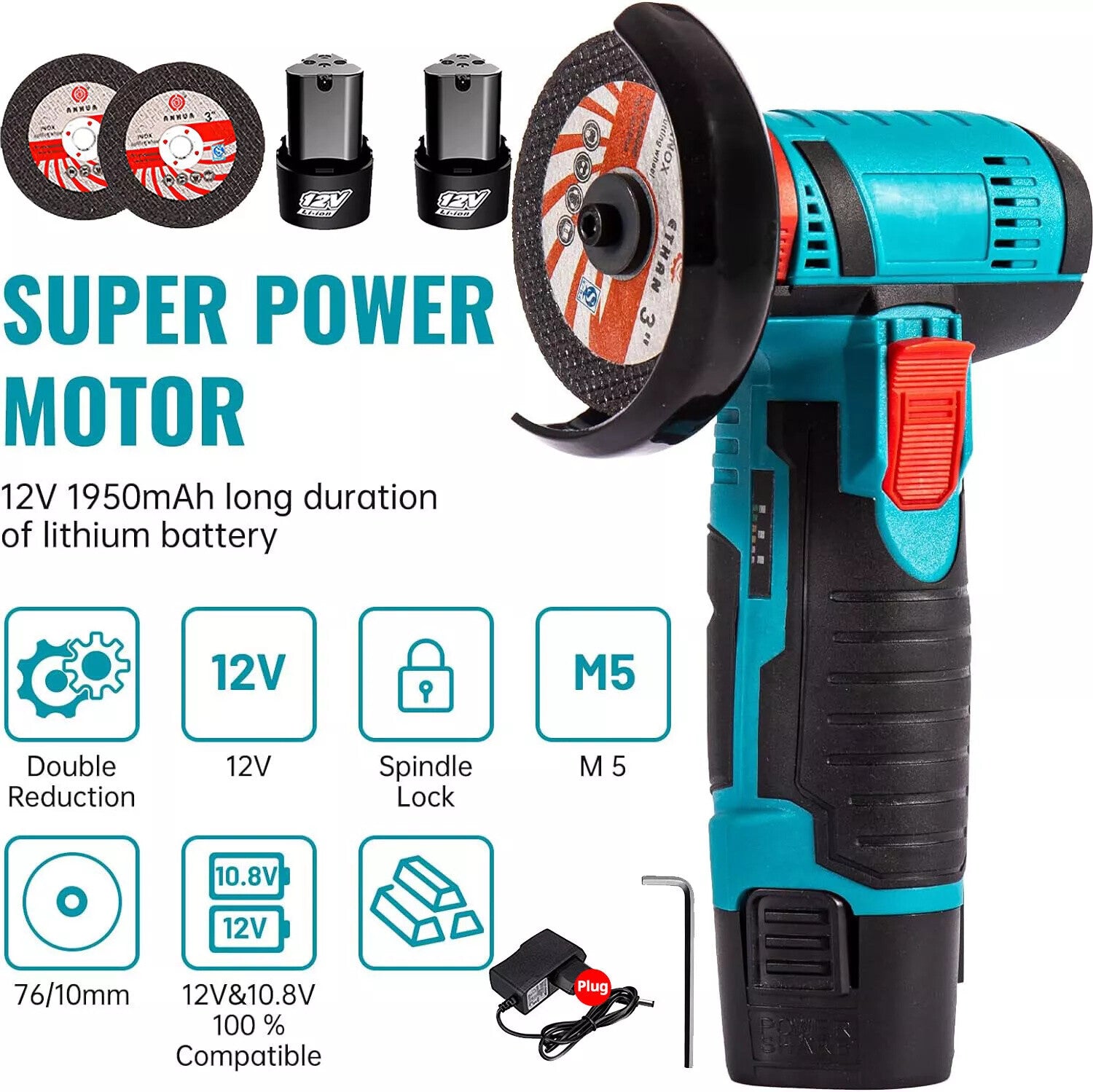 Sanding Accessories: 800W Mini Cordless Brushless Angle Grinder Cutting Tool W/ 2x Battery & Charger