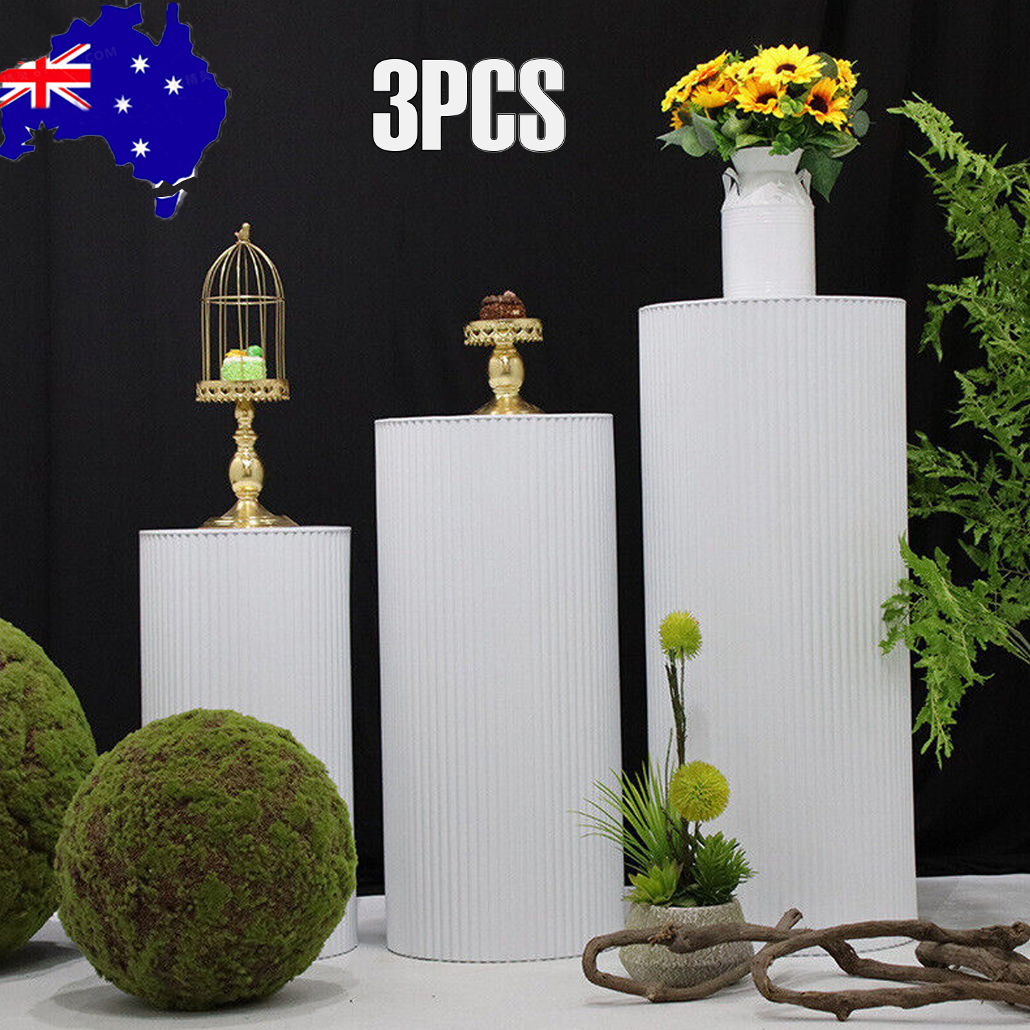 Other Wedding Decorations: 3x Metal Wedding Plinths Cylinder Pedestal Stand Ripple Cake Dessert Display