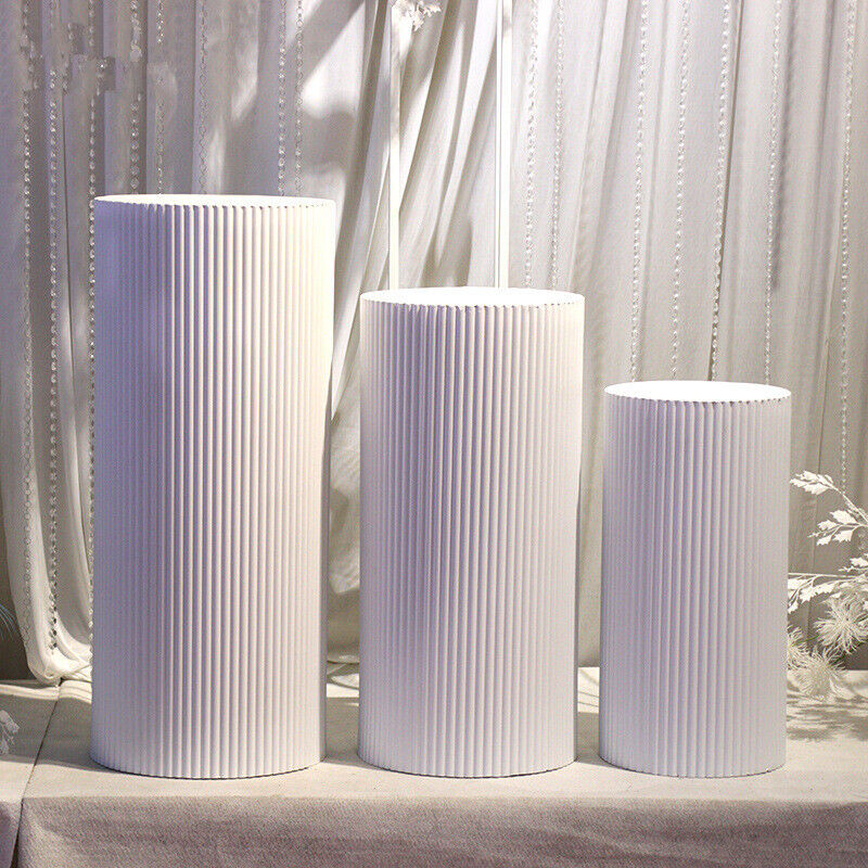 Other Wedding Decorations: 3x Metal Wedding Plinths Cylinder Pedestal Stand Ripple Cake Dessert Display