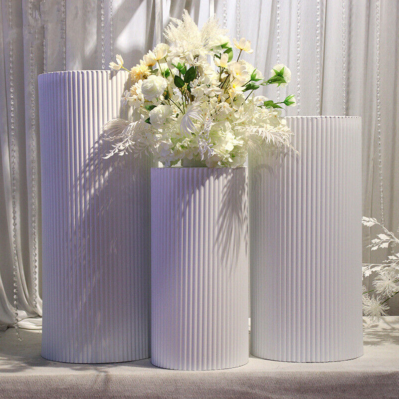 Other Wedding Decorations: 3x Metal Wedding Plinths Cylinder Pedestal Stand Ripple Cake Dessert Display
