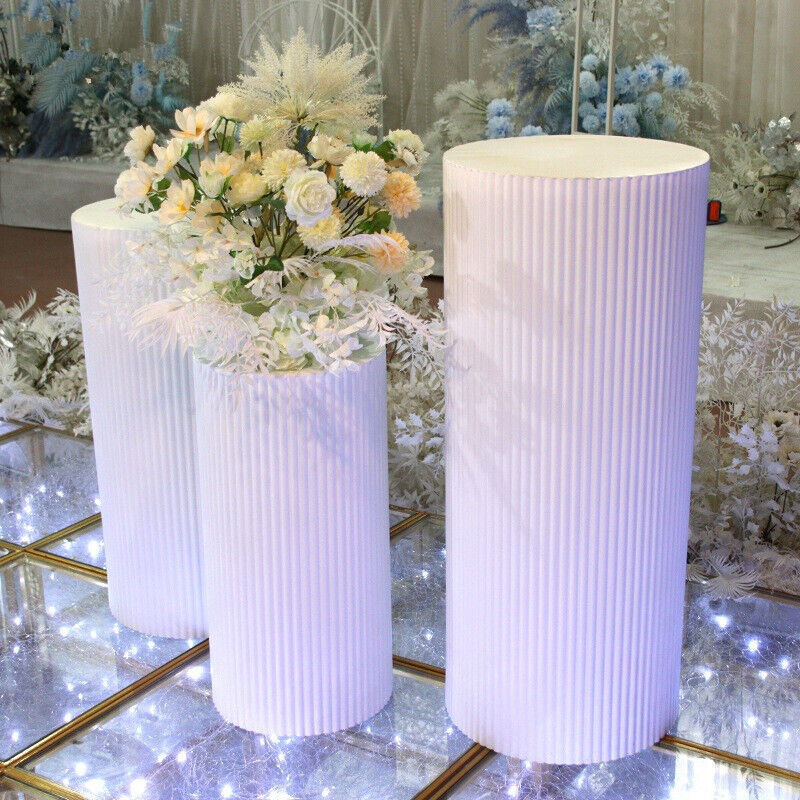 Other Wedding Decorations: 3x Metal Wedding Plinths Cylinder Pedestal Stand Ripple Cake Dessert Display