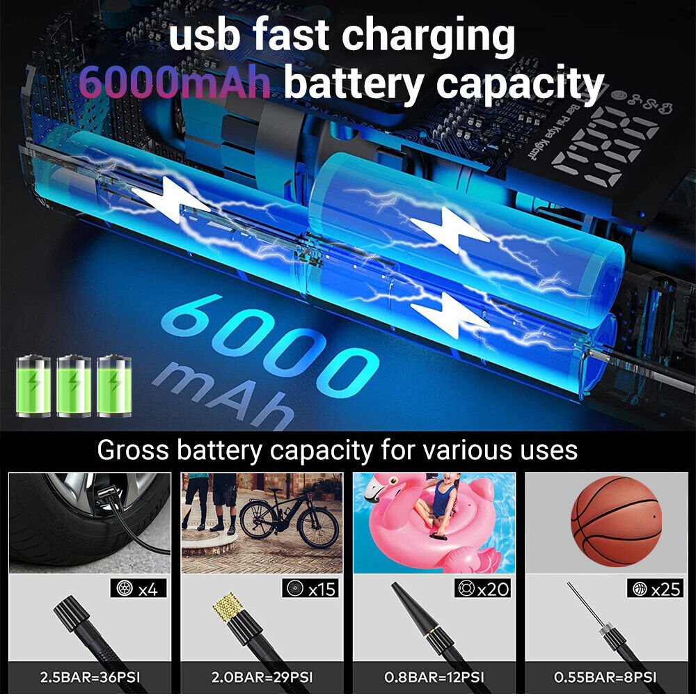 Outdoor Decorations & Lights: 6000mAh Car Tyre Inflator 12V Air Compressor Electric Pump Cordless USB Charging