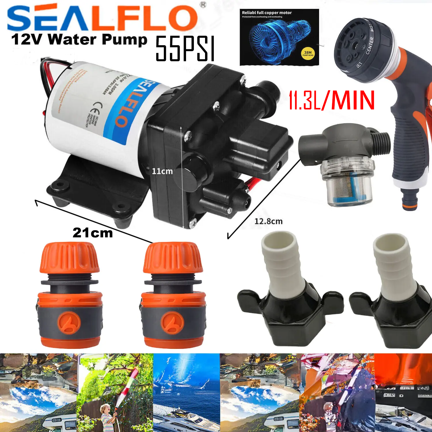 Sewage Pumps: 12V SEALFLO Water Pump High Pressure Self-priming rv Camping Boat 55PSI 11.3L/M