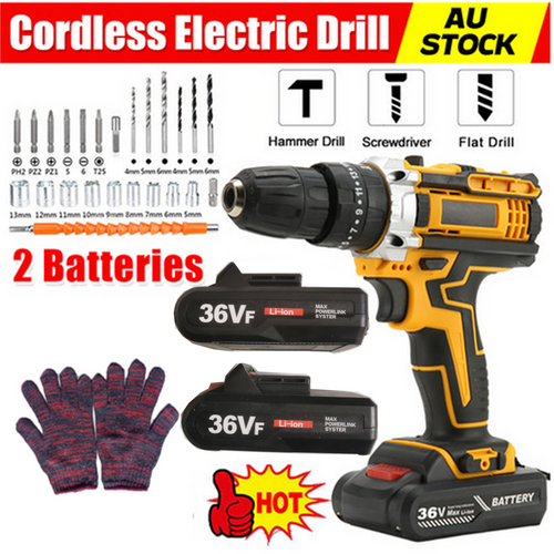 Drill & Screwdriver Accessories: 36VF BRUSHLESS HEAVY DUTY CORDLESS DRILL IMPACT DRIVER KIT HAMMER +2 BATTERY Box