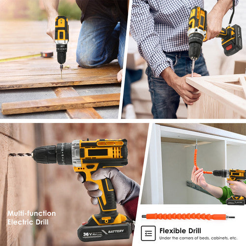 Drill & Screwdriver Accessories: 36VF BRUSHLESS HEAVY DUTY CORDLESS DRILL IMPACT DRIVER KIT HAMMER +2 BATTERY Box