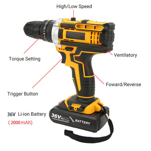 Drill & Screwdriver Accessories: 36VF BRUSHLESS HEAVY DUTY CORDLESS DRILL IMPACT DRIVER KIT HAMMER +2 BATTERY Box