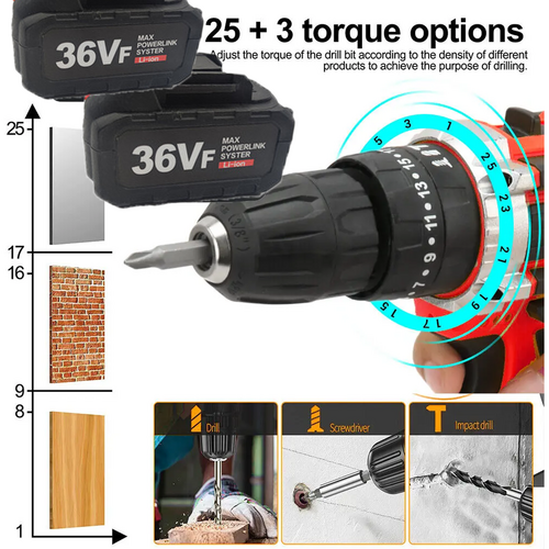 Power Drills & Accessories: Cordless Drill w/2 Battery Heavy Duty Impact Driver Kit Brushless Hammer Set