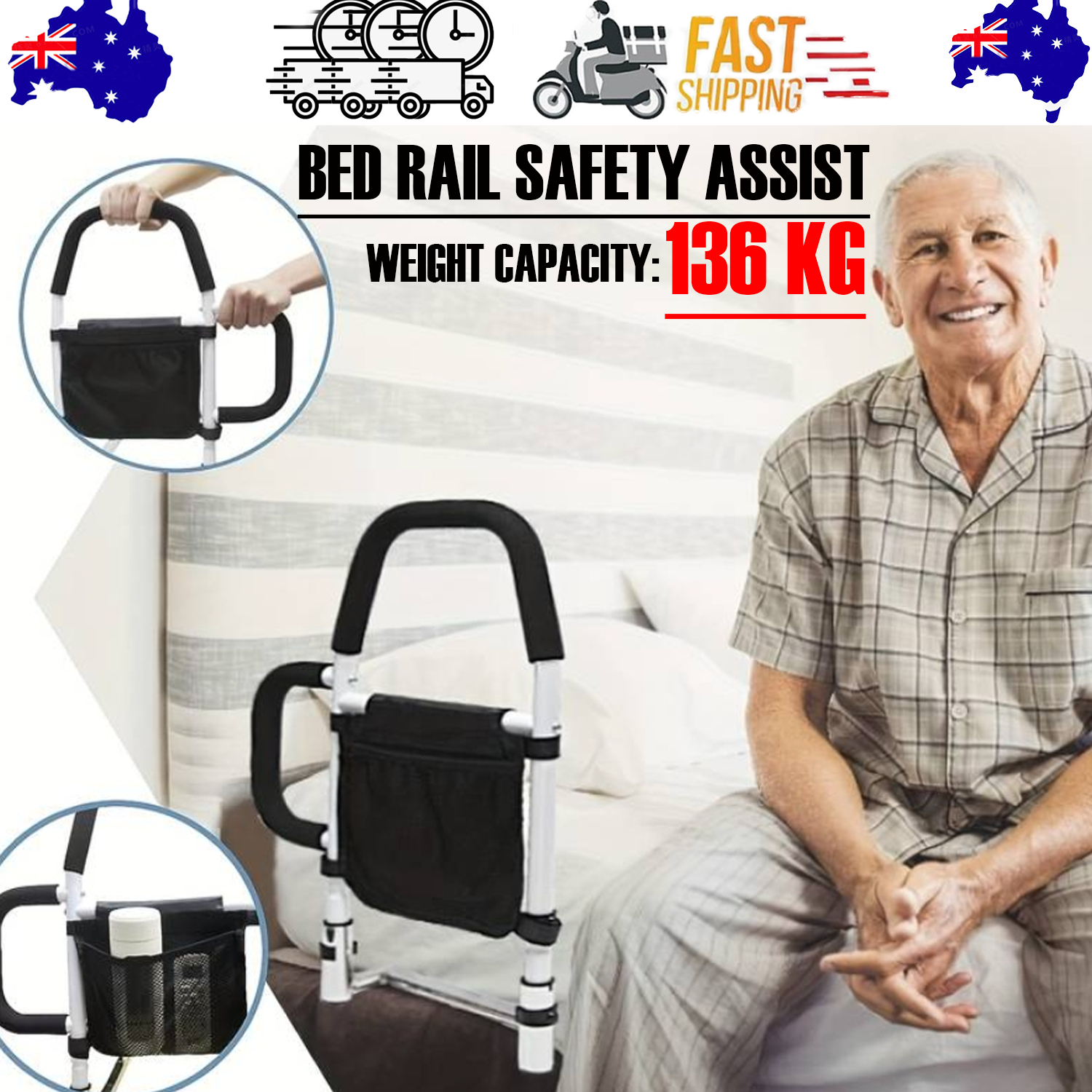 Mobility & Accessibility: Bed Rail Safety Assist Rail for Elderly Adults with Storage Pocket &Fixing Strap