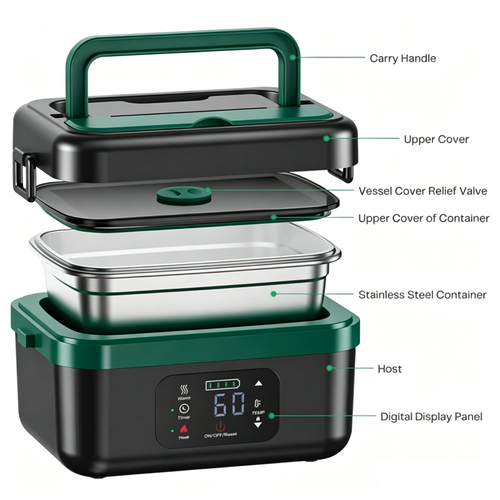 Portable 1L Cordless Electric Heated Lunch Box 16000mAh 60W 304 Stainless Steel Black&Green
