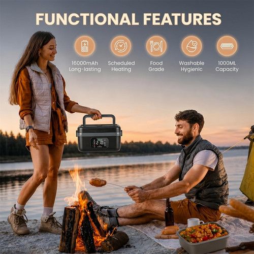 Portable 1L Cordless Electric Heated Lunch Box 16000mAh 60W 304 Stainless Steel Black& Gray