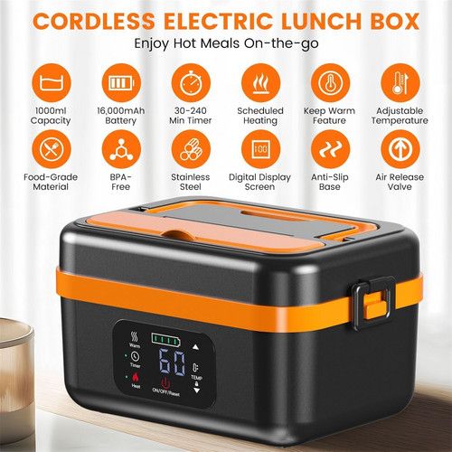 Portable 1L Cordless Electric Heated Lunch Box 16000mAh 60W 304 Stainless Steel Black& orange