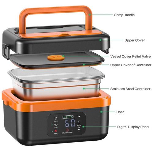 Portable 1L Cordless Electric Heated Lunch Box 16000mAh 60W 304 Stainless Steel Black& orange