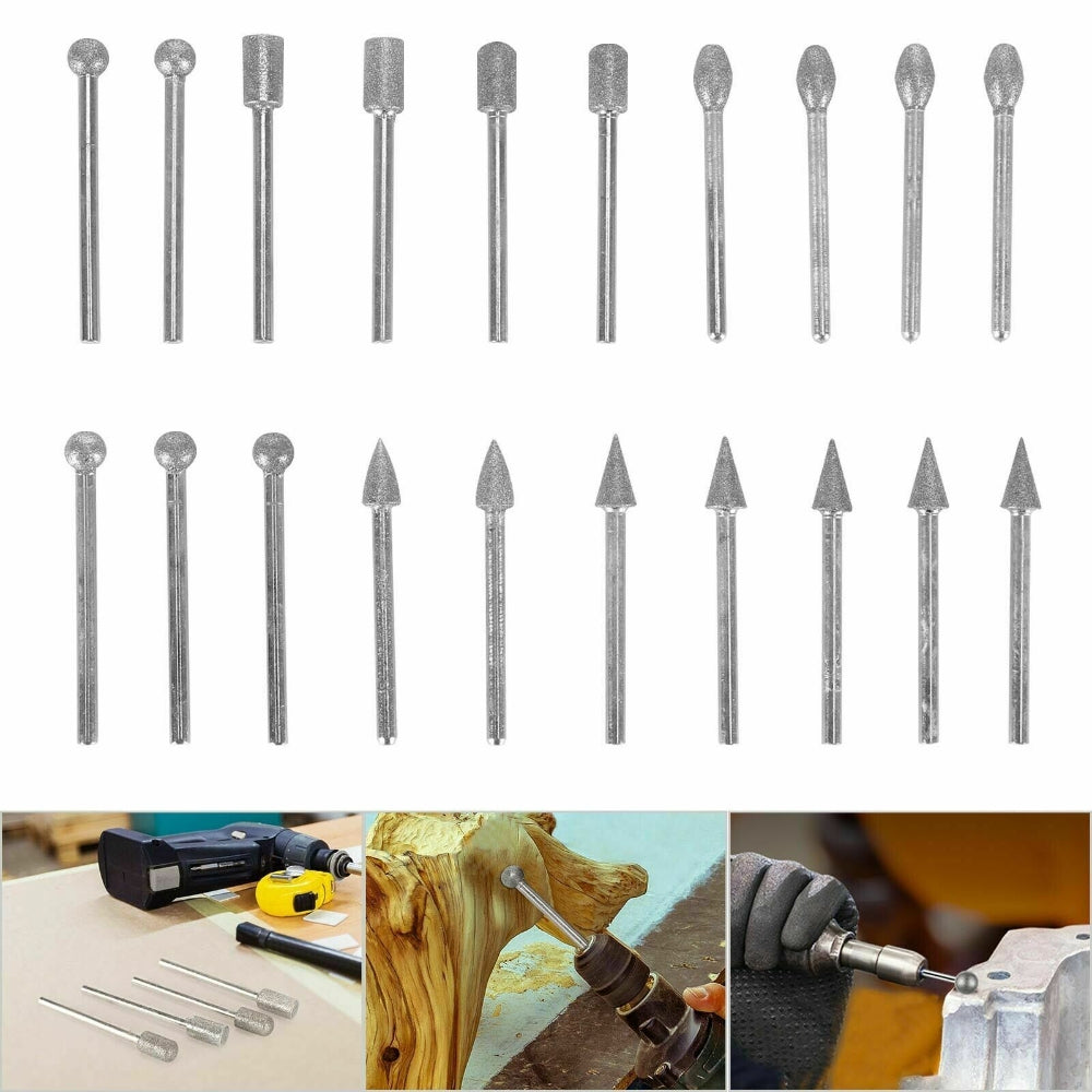 Drill & Screwdriver Accessories: 20pcs Diamond Grinding Heads Mini Drill Burrs Bit Set 3mm Shank for Rotary Tool