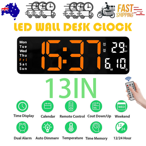 Clocks: 13" Orange Large Digital Big Jumbo LED Wall Desk Clock Display With Temperature Calendar