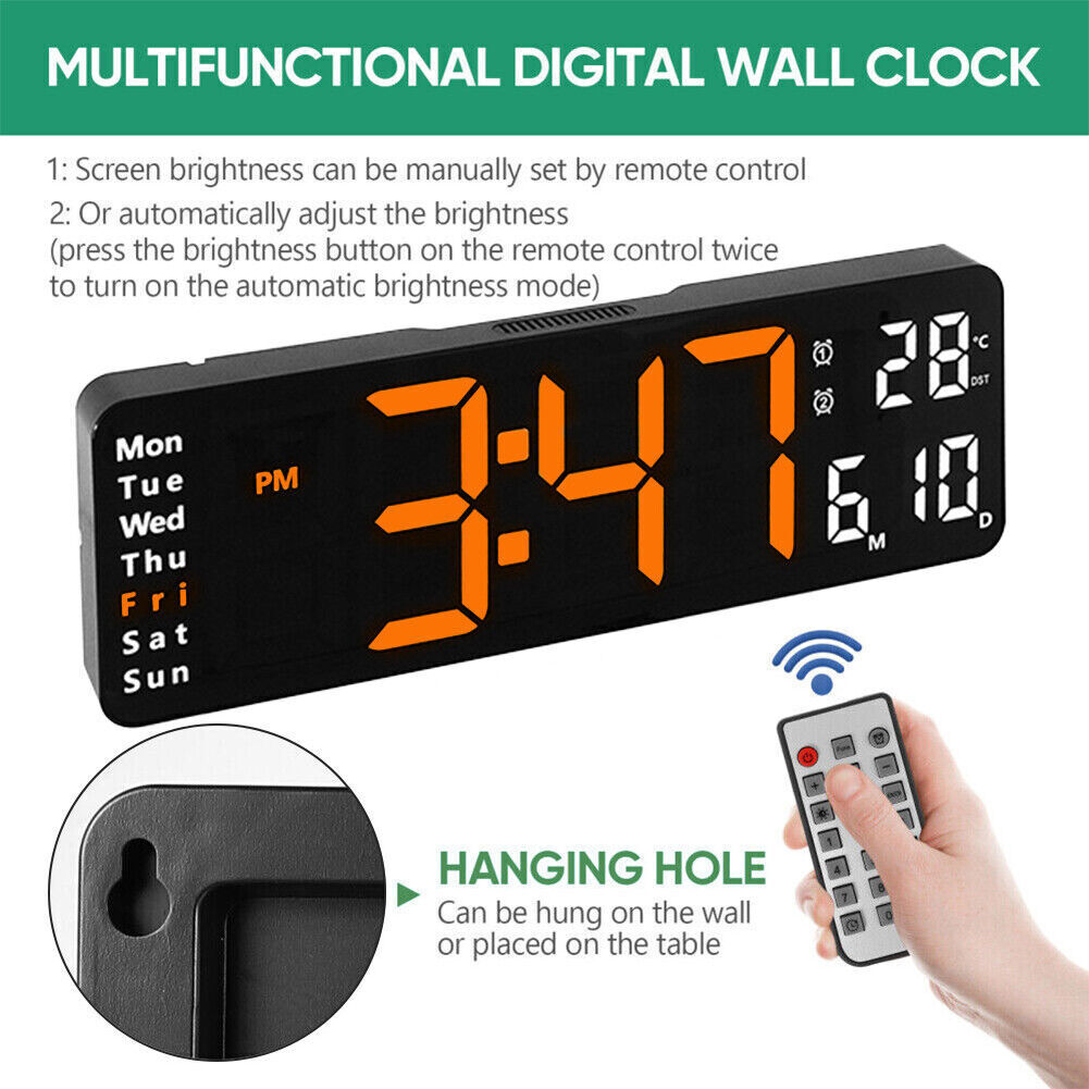 Clocks: 13" Orange Large Digital Big Jumbo LED Wall Desk Clock Display With Temperature Calendar