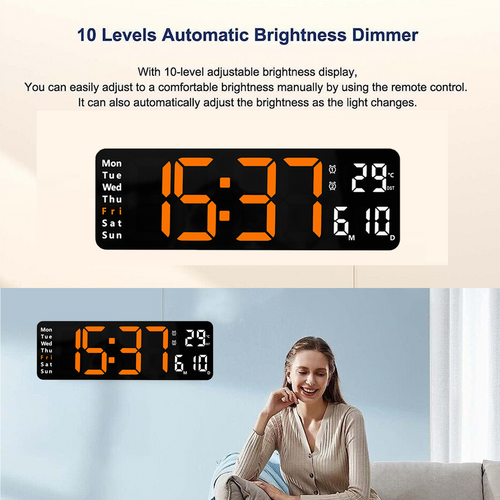 Clocks: 13" Orange Large Digital Big Jumbo LED Wall Desk Clock Display With Temperature Calendar