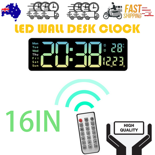 Clocks: 16" Green gradient color Large Digital Big Jumbo LED Wall Desk Clock Display With Temperature Calendar