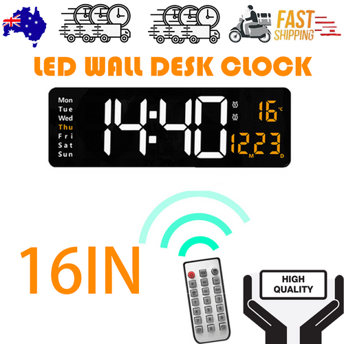Clocks: 16" Orange Large Digital Big Jumbo LED Wall Desk Clock Display With Temperature Calendar