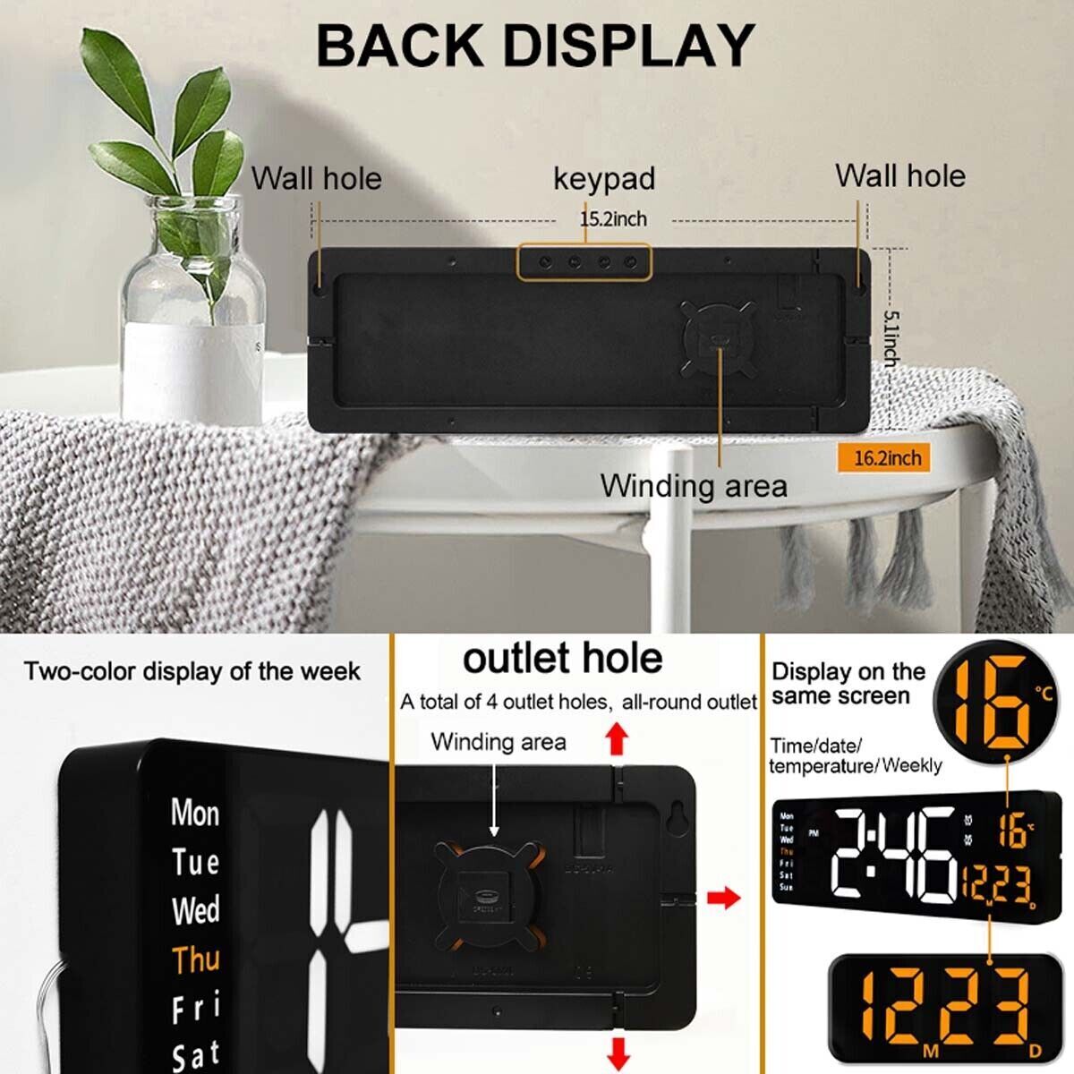 Clocks: 16" Orange Large Digital Big Jumbo LED Wall Desk Clock Display With Temperature Calendar