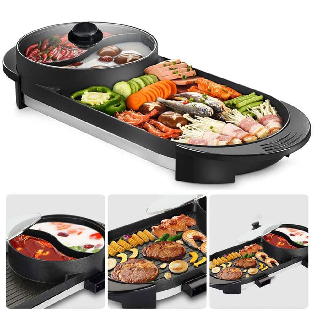 BBQ Tools: 2-IN-1 Electric Hot Pot BBQ Oven Smokeless Non Stick Barbecue Hotpot Grill Pan
