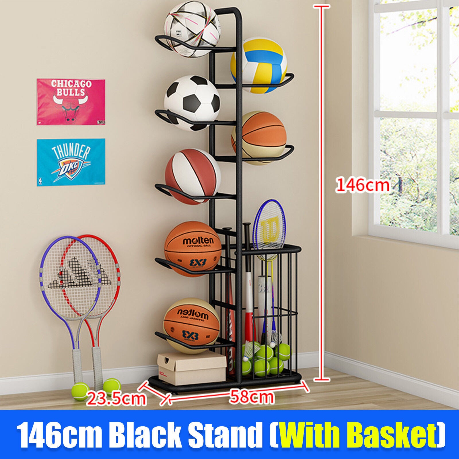 Basketball & Basketball Accessories: Basketball Soccer Storage Rack Sport Ball Organizer Ball Holder Display Stand With Basket