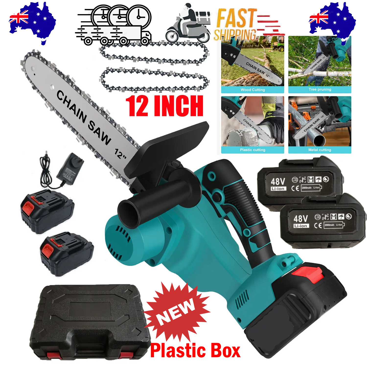 Power Saws: 12"inch Cordless Electric Chainsaw + 2 Battery 2 Chain Brushless Wood Cutter Saw