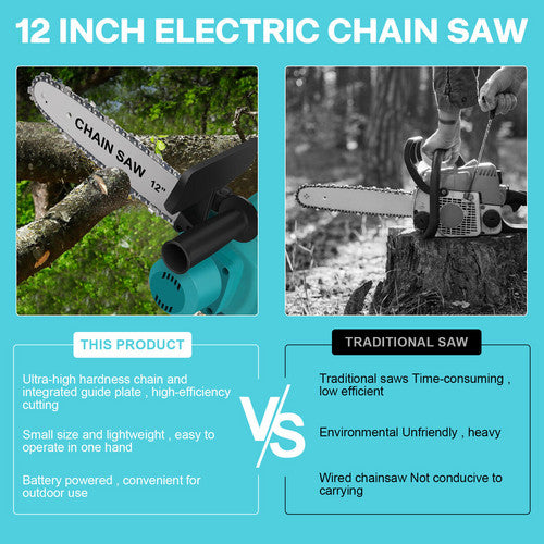 Power Saws: 12"inch Cordless Electric Chainsaw + 2 Battery 2 Chain Brushless Wood Cutter Saw