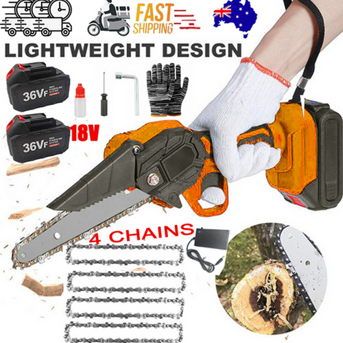 Power Saws: 6" Mini Orange Cordless Electric Chainsaw 2X Battery-Powered Wood Cutter Rechargeable