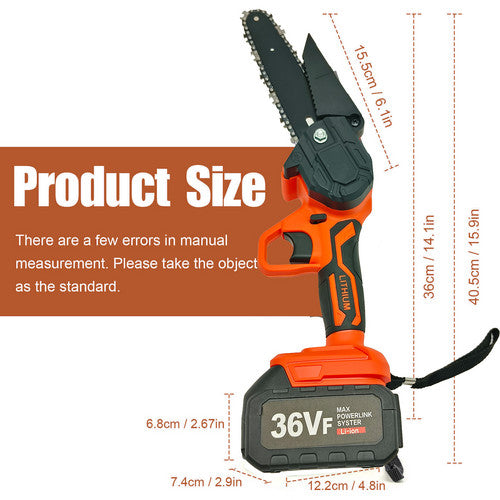 Power Saws: 6" Mini Orange Cordless Electric Chainsaw 2X Battery-Powered Wood Cutter Rechargeable